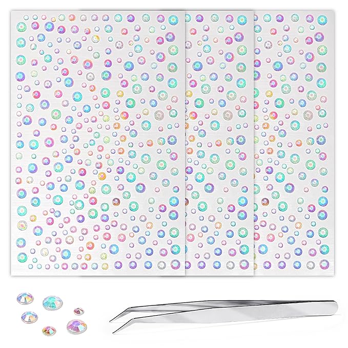 975Pcs Face Gems Hair Gems, Self-Adhesive Face Jewels Eye Jewels Rhinestones 3/4/5/6 mm DIY Face Gems Stick on, Hair Body Rhinestones Gems Crystals Pearls for Face Makeup, Crafts (gem_Aurora)
