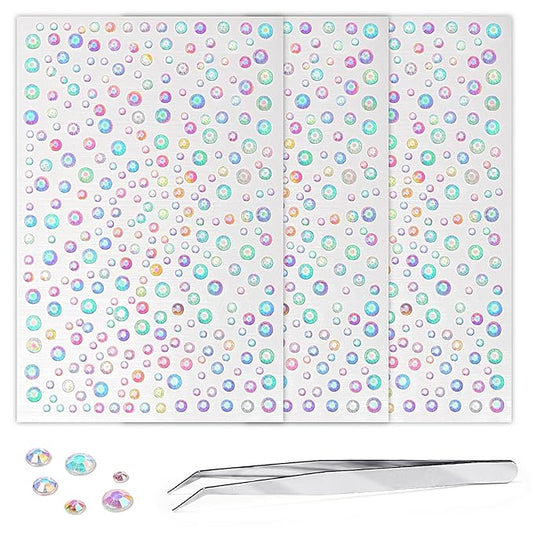975Pcs Face Gems Hair Gems, Self-Adhesive Face Jewels Eye Jewels Rhinestones 3/4/5/6 mm DIY Face Gems Stick on, Hair Body Rhinestones Gems Crystals Pearls for Face Makeup, Crafts (gem_Aurora)