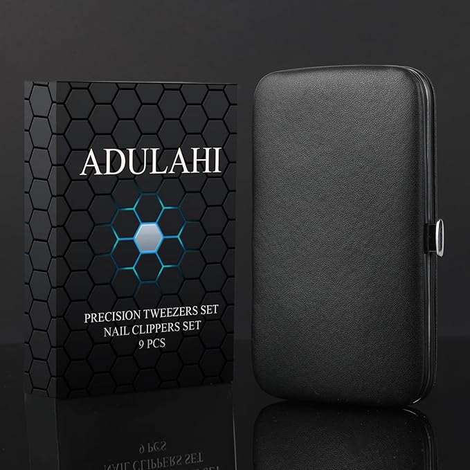 9PCS Professional Tweezers Set and Nail Clippers for Men and Women, Stainless Steel Tweezers No Gaps with Leather Travel Case