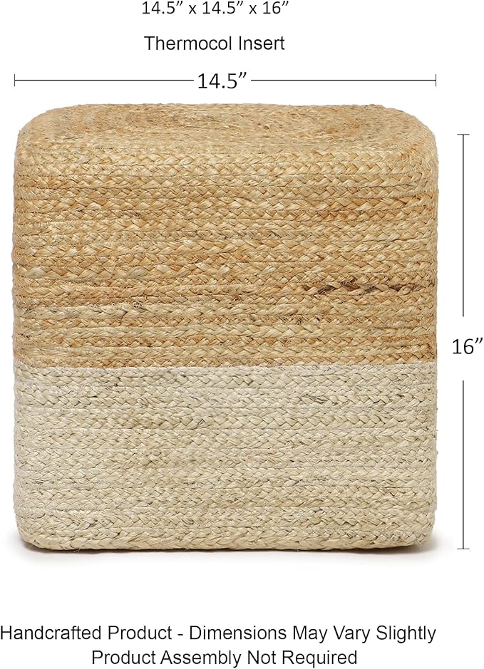 REDEARTH · Cube Pouf Ottoman - Braided Pouffe Accent Sitting Square Footrest for Living Room, Bedroom, Nursery, kidsroom, Patio, Gym; 100% Jute Set of 2 (14.5"x14.5"x16"; Natural Ivory)