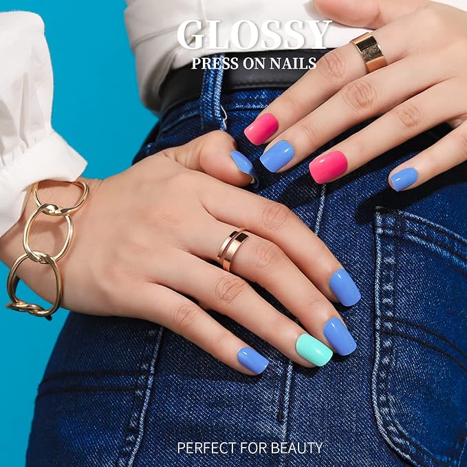 Teenitor Short Press On Nails with Glitter, 12 Sizes Square, Matte & Glossy Finish