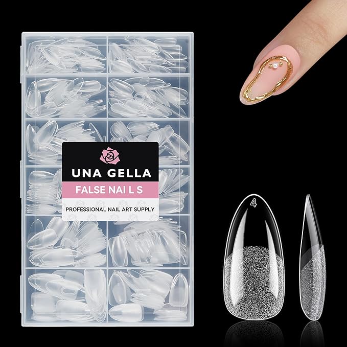 UNA GELLA Medium Almond Nail Tips, 312pcs Almond Gel Nails Tips Shape Pre Etched Full Cover Clear Fake Acrylic Pointed Press On Nails No C Curve for Nail Extension Christmas Art DIY Salon 12 Sizes