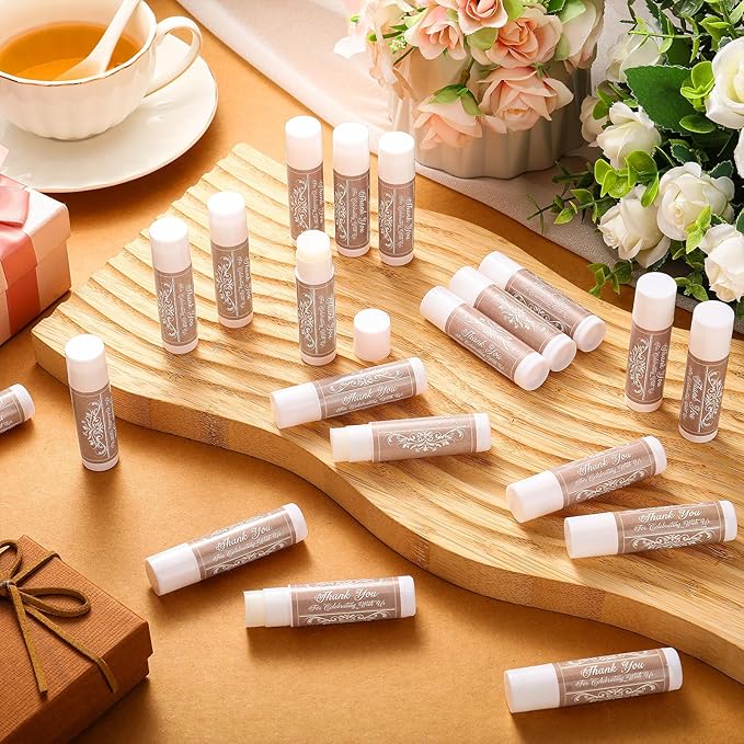 Dunzy 50 Pcs Thank You Gift Lip Balm Bulk Baby Shower Party Favors Bridal Shower Favor Lip Care with Assorted Fruit Flavors Thank You Lipstick for Guest Basket Gift Stuffer (Vintage)