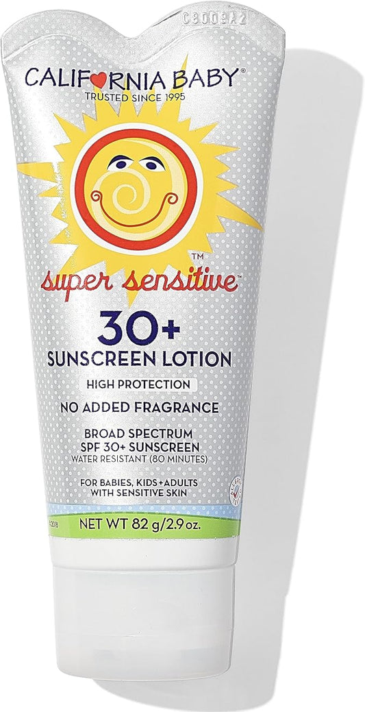 California Baby Super Sensitive SPF 30+ Sunscreen | Broad Spectrum | Titanium Dioxide | Hypoallergenic Unscented Mineral Sunscreen | Reef Safe Sunscreen | Sensitive Skin Friendly | 82g / 2.9oz