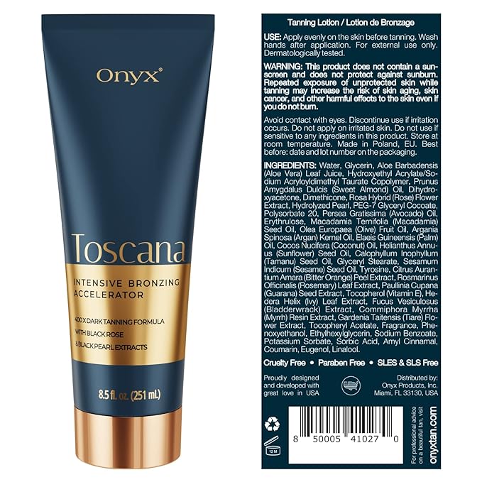 Onyx Toscana Intensive Bronzing Accelerator | Bronzing Tanning Lotion for Tanning Beds | Streak & Stain Free Tanning Lotion for Indoor Outdoor | Face & Body Lotion for Sensitive Skin - 8.5 fl oz