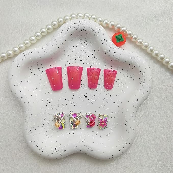 Duck Press on Nails Medium Fake Nails with Candy Star Rhinestones Charms Designs Gradient Nails Press ons Pink Acrylic Nails for Women 24Pcs
