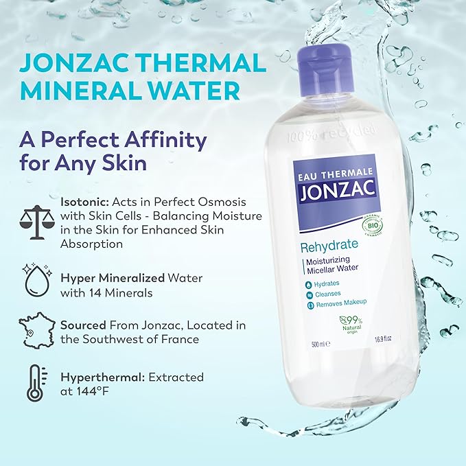 Eau Thermale Jonzac 99% Organic Micellar Water - Natural Eye & Face Makeup Remover - Hydrating With Thermal Spring Water - For Sensitive Skin - Non-Toxic - Agua Micelar Orgánica - 16.9 Fl Oz