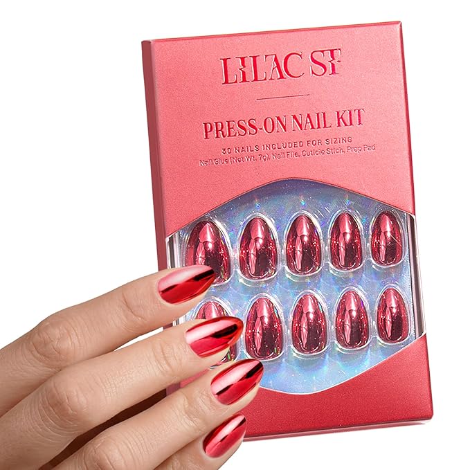 Lilac St - Press on Nails, Cherry Plated (30 Nails, 15 Sizes) - Short, Almond, Chrome + Glossy, Opaque - Brush-On Nail Glue, Nail File, Cuticle Stick, Prep Pad - Reusable - Cruelty Free, Vegan