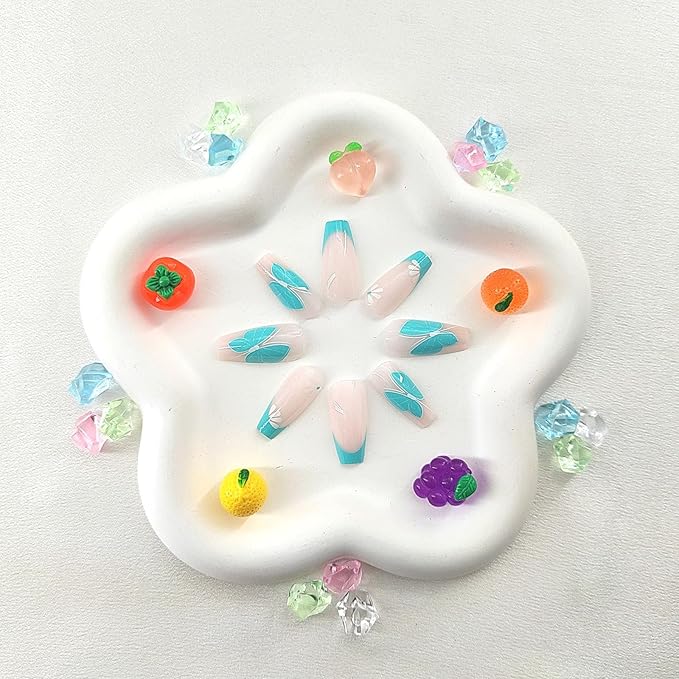 Coffin Press on Nails Medium Blue French Tip Fake Nails with Flower Butterfly Design Gradient Glue on Nails White Full Cover Coffin Nails Press ons Glossy Artificial Stick on Nails for Women 24Pcs
