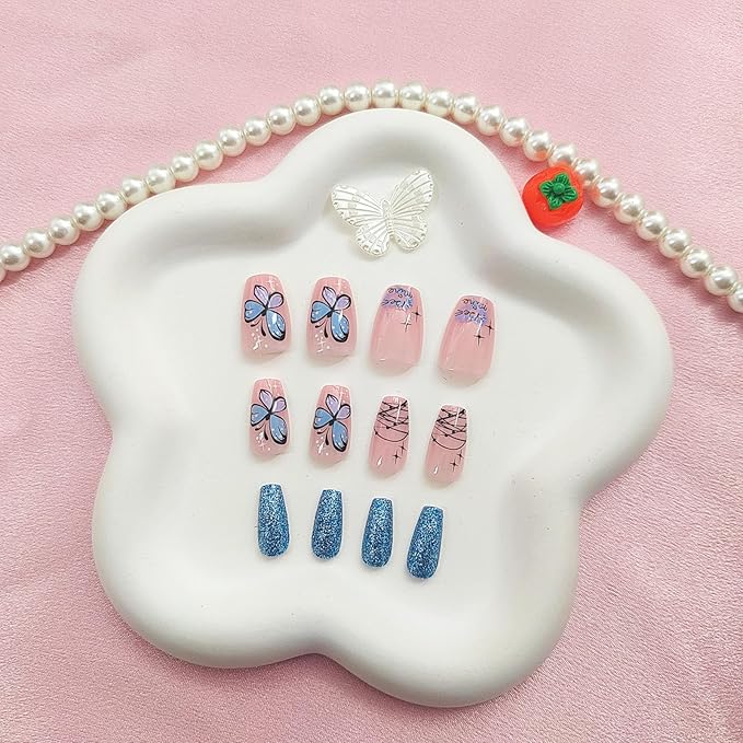 Spring Press on Nails Short Coffin Fake Nails with Butterfly Designs Blue Glitter Nails Press ons Glossy Glue on Nails Nude Acrylic Nails Cute False Nails Summer Stick on Nails for Women 24Pcs