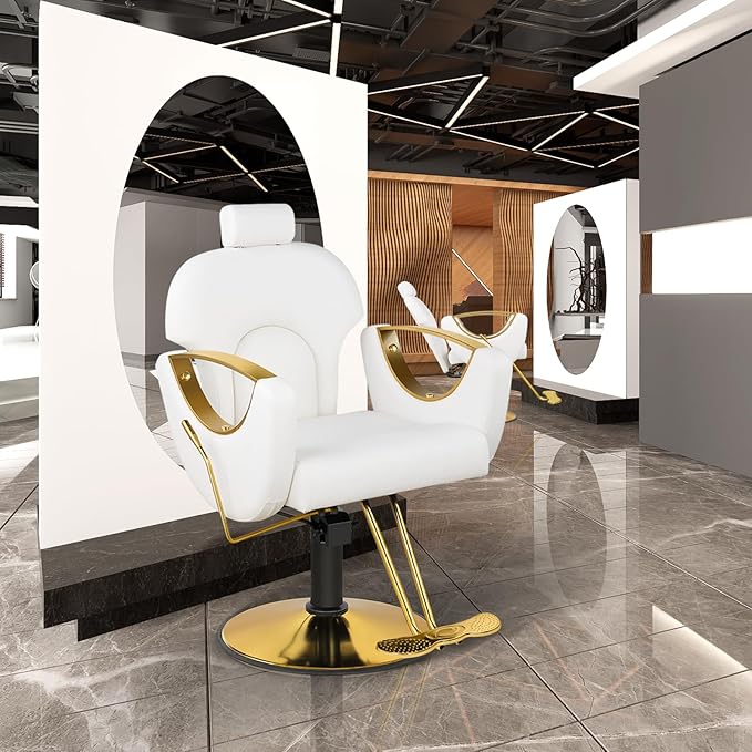 Salon Chair for Hair Stylist, Reclining Hair Salon Chair for Home, Barber Styling Chairs with Heavy Duty Hydraulic Pump, 360 ° Swivel, Multi-Function Beauty Spa Equipment White Gold