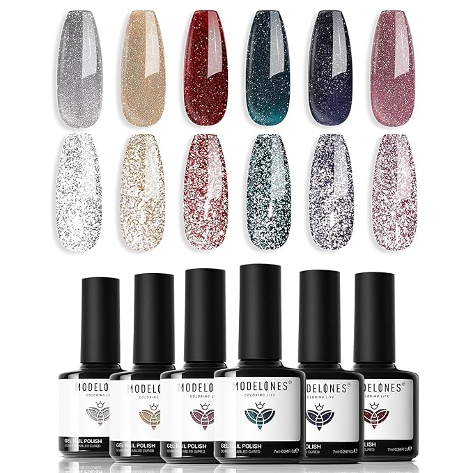 modelones Glitter Gel Nail Polish Set, 6 Colors Fall Winter Dark Red Pink Silver Gold Black Gel Polish Kit Shimmer Sparkle Reflective LED Soak Off Manicure Art Kit Home DIY Salon Gift for Women