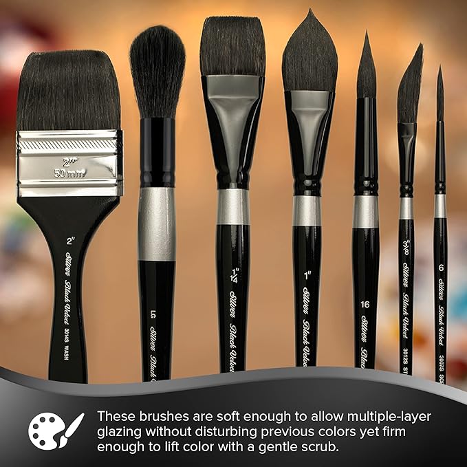 Silver Brush Limited WC-3203S Black Velvet Background Painting Set, Premium Paintbrushes for Watercolor, Gouache, Inks & Dyes, Set of 3, Flat Wash, Wide Wash, and Small Jumbo Round Brush, Short Handle