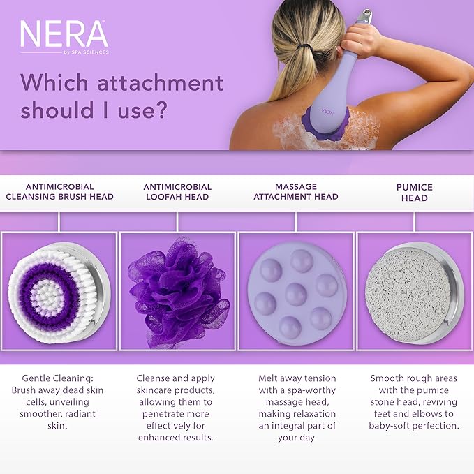 Spa Sciences - NERA - 4-in-1 Shower/Bath Body Brush for Exfoliation, Deep Cleansing, Foot Care, Lotion Infuser, and Massage