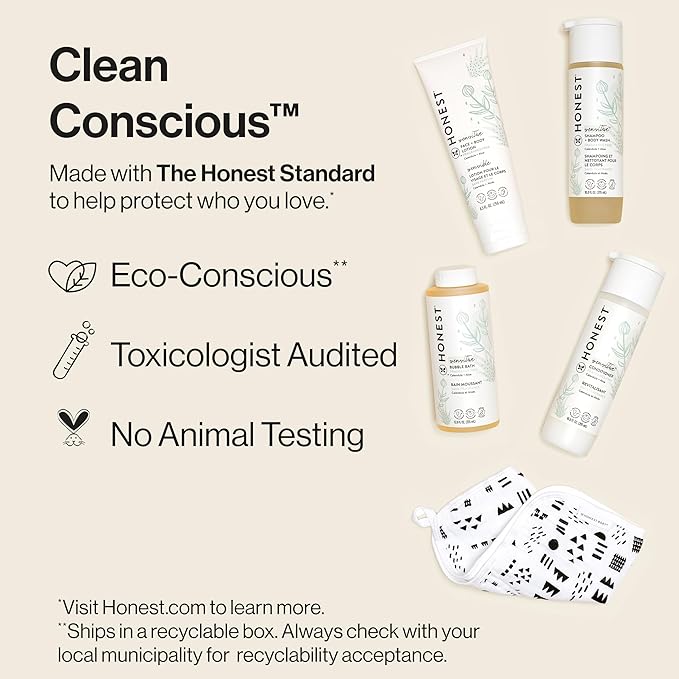 The Honest Company Fragrance Free Bathtime Gift Set | Hypoallergenic Bath Essentials for Sensitive Skin | Shampoo + Body Wash, Face + Body Lotion, Bubble Bath, Conditioner, Wash Cloth