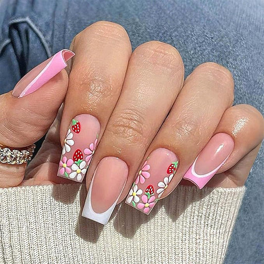 Medium Press on Nails Square Shape Cute Fake Nails with Flower Design Pink French Tip False Nails Summer Glue on Nails for Women 24pcs