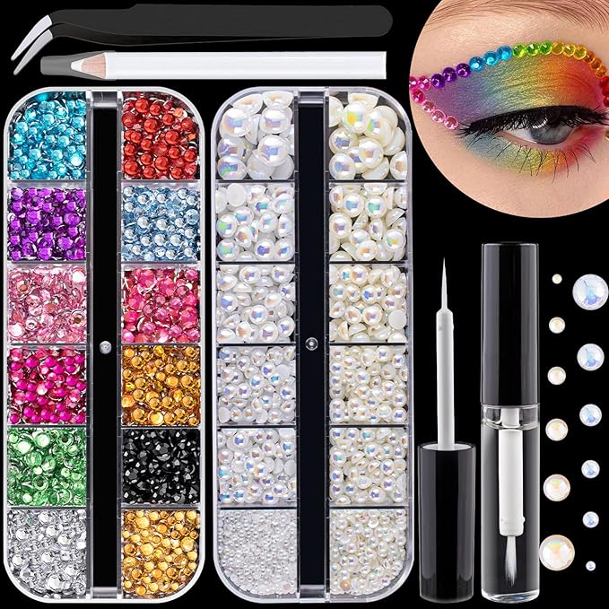 Flat Back Rhinestone+Half Round Pearl Kits Colorful Rhinestones+White AB&Beige AB Pearls With Quick Dry Makeup Glue+Picker Pencil+Tweezer For Nail Art And Face Make-up