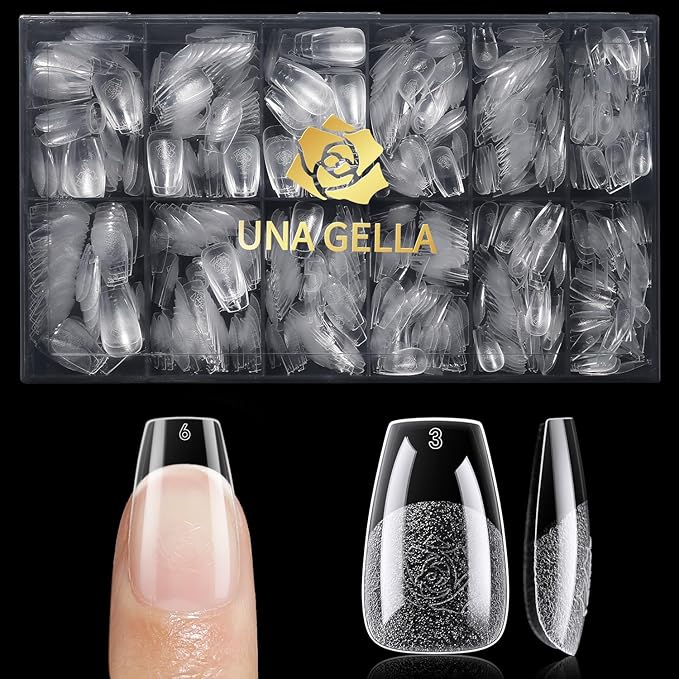 UNA GELLA Short Coffin Nail Tips 600Pcs, Short Coffin Gel Nails Tips Pre Etched 12 Sizes Soft Gel Fake Nails Tips Pre-file Full Cover for Nail Extension Home DIY Salon with Box