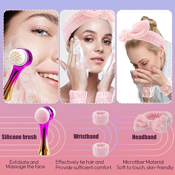 Facial Cleansing Brush 2 in 1Double-Sided Facial Cleaning Brush with Soft Bristles for Deep Pore Exfoliation, Wash Makeup, Massaging (Gold&Pink 4PCS)