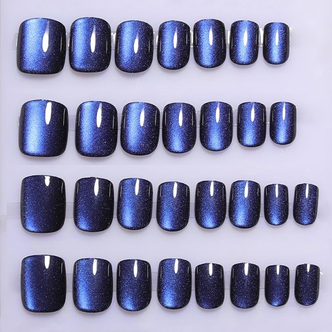Dark Blue Press On Nails Square – Short Cat Eye Fake Nails with Color-Shifting Glow, Reusable Stick On Nails, 15 Sizes, 30 Nail Kit with Glue, Thick Glue On Nails for Women, M1-Midnight Mirage