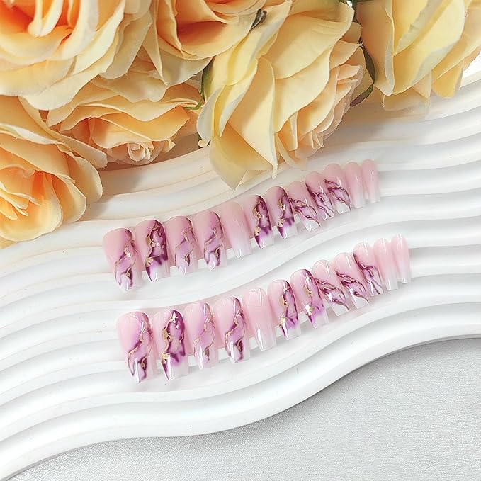 Coffin Press on Nails Medium Fake Nails White Gradient Coffin Nails Press ons with Purple Blooming Gold Leaf Design Glue on Nails Light Pink Full Cover False Nails Glossy Acrylic Nails for Girls 24Pcs
