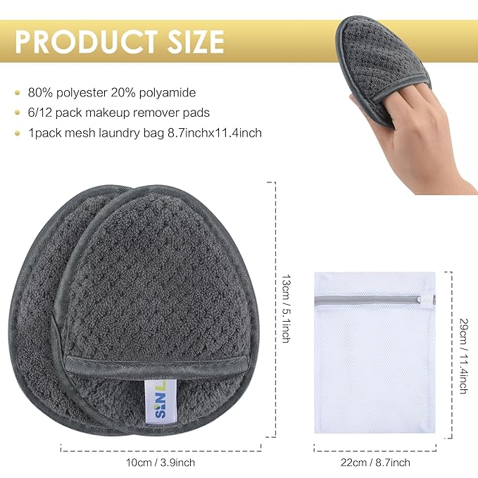 SINLAND Reusable Makeup Remover Pads For Face,Eye,Lips Microfiber Gentle Facial Cleansing Cloths for All Skin Types Friendly for Makeup Remover With Laundry Bag 5.1inchx3.93inch Gray Pack of 6