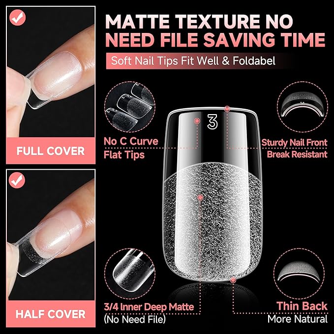 UNA GELLA Short Square Gel Nail Tips 600Pcs, Square Press on Nails Pre Etched Full Cover Soft Gel Nail Tips No C Curve For Women Girl DIY French & Chrome Style Salon At Home 12 Sizes