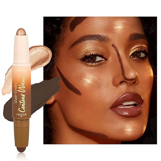 Contour Highlighter Stick，2in1 Dual-Ended Cream Bronzer&Highlighter Sticks Pen for Face Body Contouring Makeup- Buildable，Waterproof, Easy to Apply Suitable for Beginners，06Black Cocoa+Bronzer Shimmer