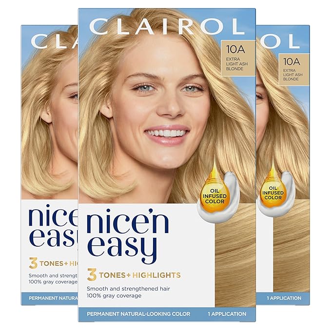Clairol Nice'n Easy Permanent Hair Dye, 10A Extra Light Cool Blonde Hair Color, Pack of 3 - Packaging May Vary