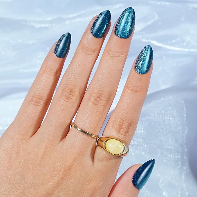 Blue Press on Nails Almond, Jofay Fashion Cat Eye Press on Nails, Soft Gel Fake Nails, Reusable & Natural Acrylic False Nails, Glue on Nails Kit for Women Girls Gift 32 Pcs