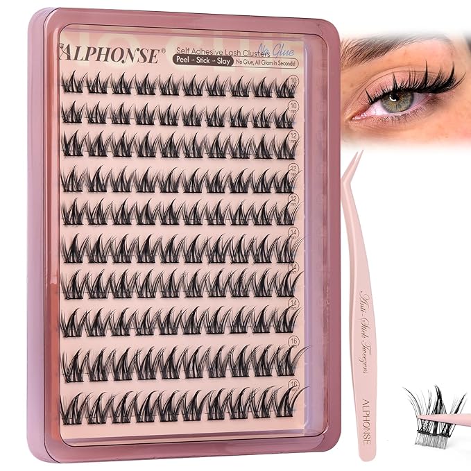 Self Adhesive Eyelashes Manga Lash Clusters No Glue Needed Self Adhesive Lashes 10-16mm Eyelash Clusters Press on lashes Natural C-Curly Pre Glued Eyelashes with Anti-Stick Tweezers by ALPHONSE