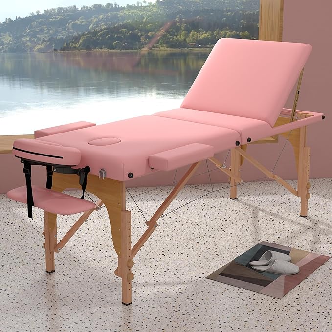 Massage Table Massage Bed, Portable 3 Section Foldable Tattoo Bed, Height Adjustable Lash Spa Bed with Face Cradle, Home Light Weight Facial Salon Bed with with Wood Frame, Light Pink