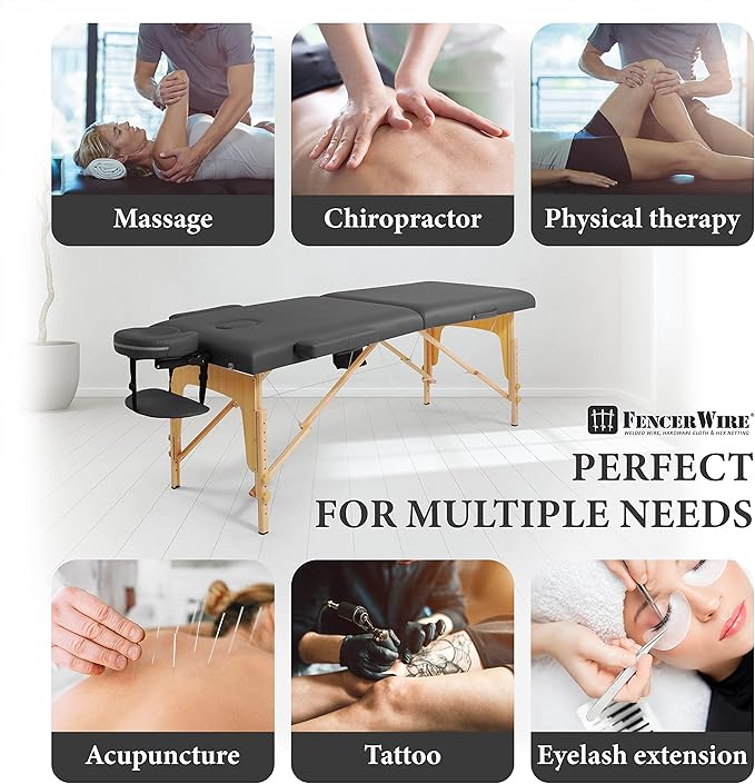 Fencer Wire 84 Inch Premium Memory Foam Massage Table, Foldable Massage Bed, Height Adjustable Spa Bed, Facial Cradle Salon Bed Wooden Legs & Carry Case, Black, 28 Inch Wide