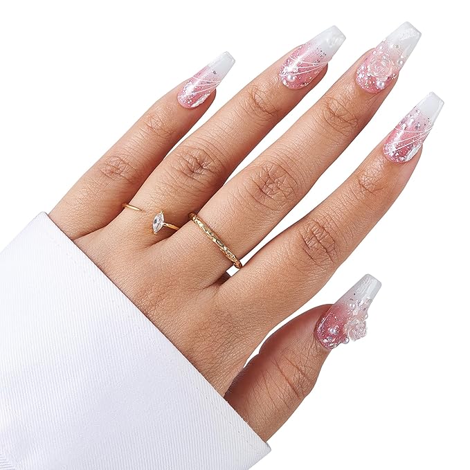 Large-Rose Quartz Elegance Fake Nails Press-On Manicure Kit for Women | French Tip 10 Nails | Nail Glue, Dual Nail File, Cuticle Stick, Buffer Block | Measure Before Ordering