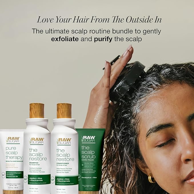 Raw Sugar Dry Scalp Treatment & Hair Care Bundle (5 Products) Intensive Ritual At Home Spa Kit, Shampoo, Conditioner, Scalp Scrub, Hair Mask & Massager, Formulated without Sulfates & Parabens
