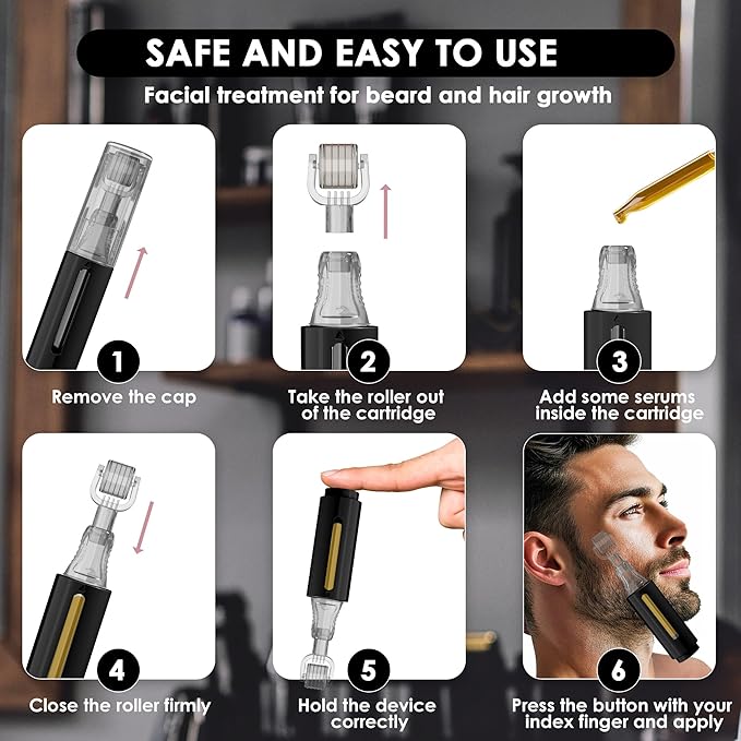 Derma roller with Reservoir for Hair, Beard, Skin, Lips, Wrinkles, Stretch Marks, Hyperpigmentation INSTANT SERUM APPLICATION, 105 Titanium Needles 0.25 mm