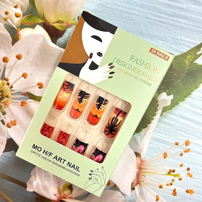 Coconut Tree Flower Press on Nails Long Length Pink Floral Sunset Pattern Design Full Cover Glossy Square Acrylic False Nail Summer Artificial Fingernails 24Pcs Reusable Glue on Nails for Women