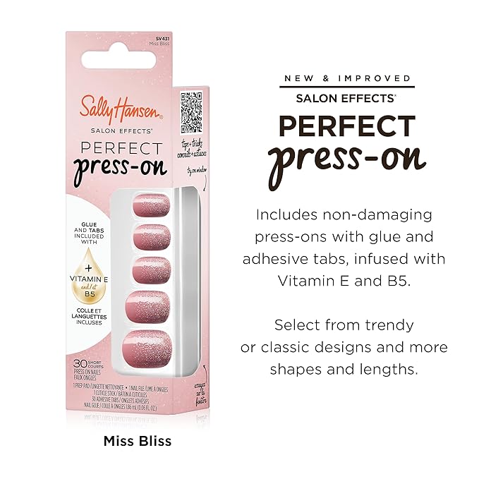Sally Hansen Salon Effects Perfect Press-On Nails | Sq-oval Shape | Easy to Apply, Non-Damaging | 30 Nails, Nail Glue, Adhesive Tabs, File | Miss Bliss