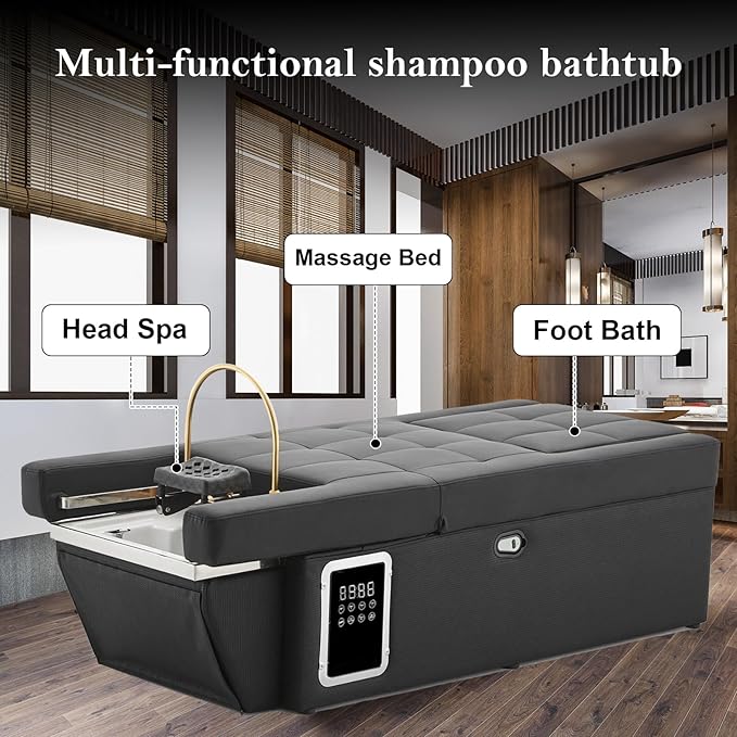 Massage Bed with Shampoo Bowl - Professional Head Spa Equipment for Beauty Salons, Adjustable Backwash Unit with Foot Bath Function, Beauty Bed, Black