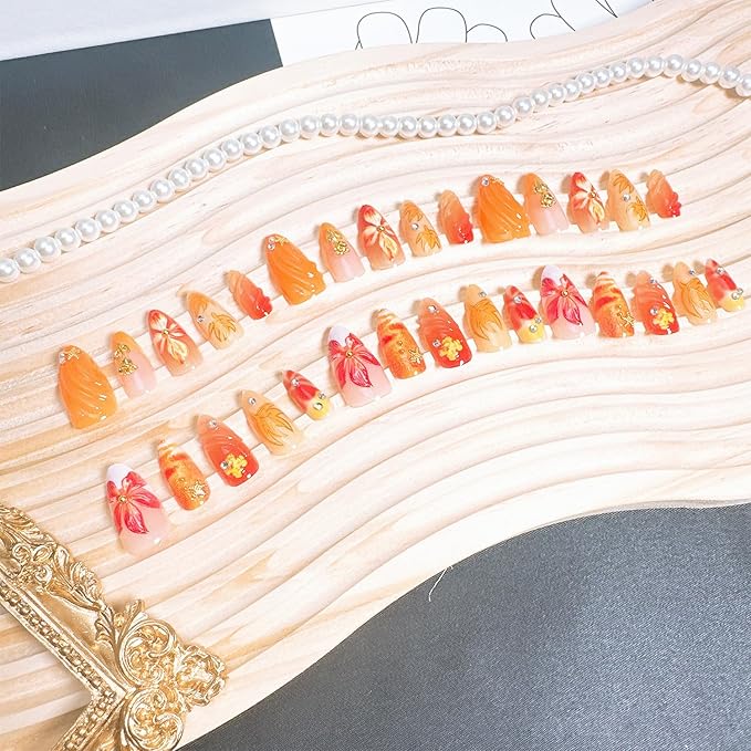 30 Pcs Fall Press on Nails Medium Almond Fake Nails with 3D Flower Gold Rose Rhinestones Design Gold Maple Leaf False Nails White French Tip Acrylic Nails Autumn Thanksgiving Stick on Nail for Women