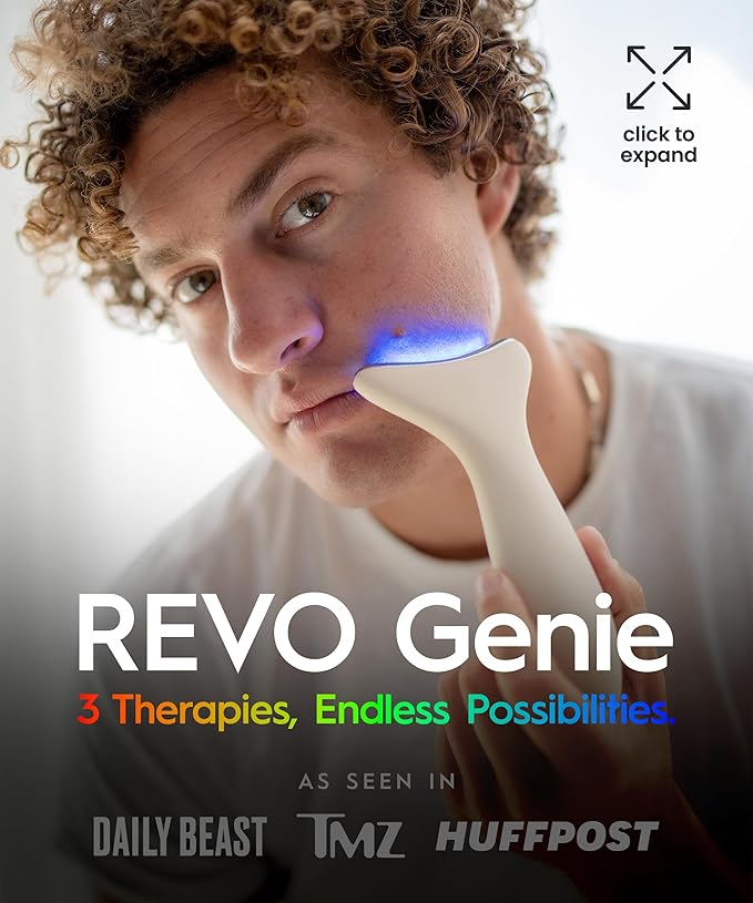 REVO Genie | 3-in-1 Face & Neck Beauty Massager with Heat, 3 Light Therapies, Smart Vibration | Powerful Red Light, Blue Light, and Green Light Therapy for Wrinkles, Hyperpigmentation, Acne & More