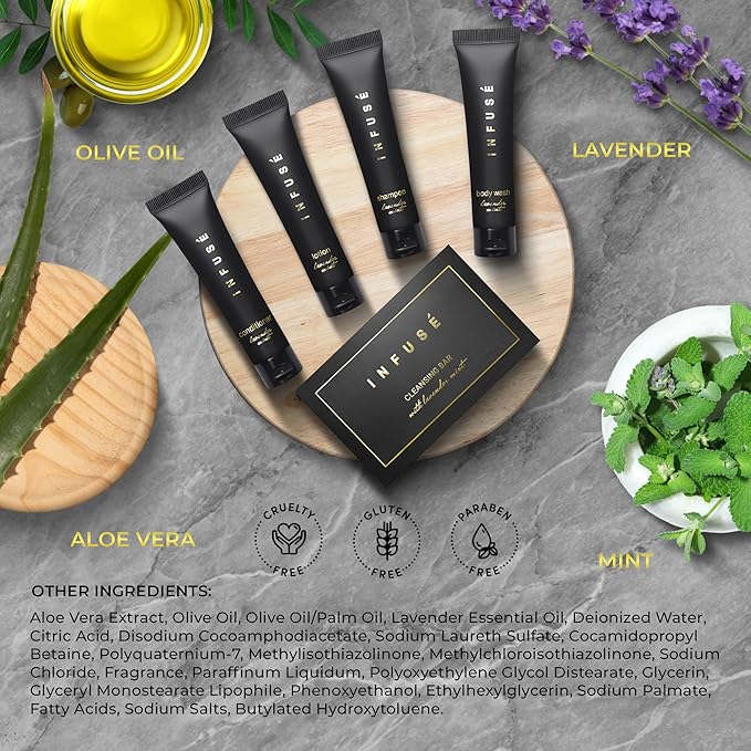 Infuse Black Amenity Kit | Boxed Hotel Toiletries | Bulk Set 1 oz Travel Size Shampoo, Conditioner, Lotion, Body Wash & Cleansing Bar for Guest Hospitality Hotel/Vacation Rentals | 300 Pieces