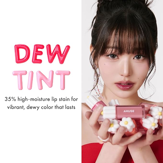 Amuse SEOUL Daisy Flower Dew Tint 05 STRAWBERRY | 35% High-moisture Water Tint, Long-lasting, Vitamin E Acetate, Moisturizing, No Peel Off, Lip Treatment, Non Sticky, Korean Lip Tint for Dry Lips