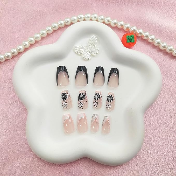 Spring Press on Nails Short Coffin Fake Nails with Flower Designs Black White French Nails Press ons Glossy Glue on Nails Cute Acrylic Nails Nude False Nails Summer Stick on Nails for Women 24Pcs