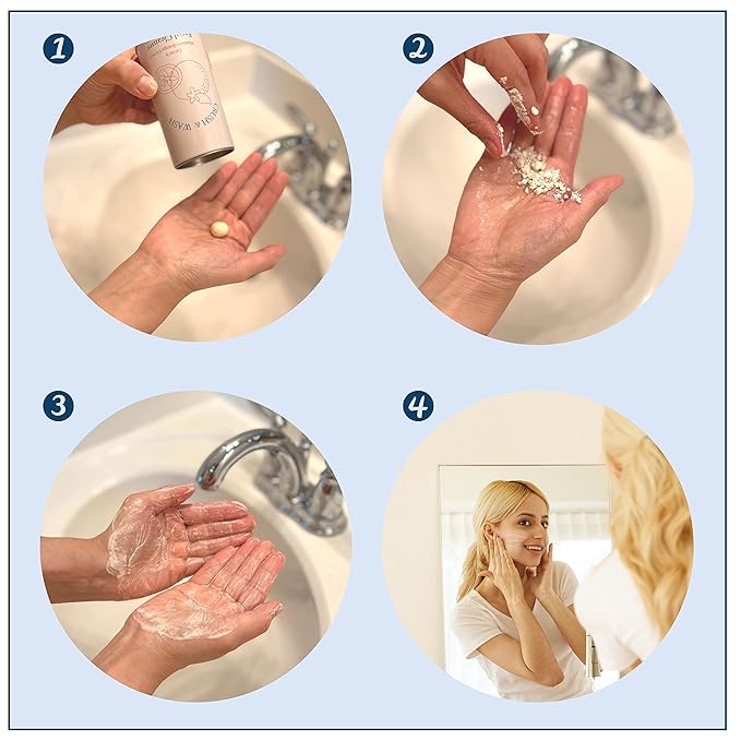 Daily 3 in 1 Facial Cleanser, Exfoliator and Wash-off Mask, Vegan, Cruelty Free, Plastic Free, Travel Friendly, 1 Month Supply Refill (60 Tablets) (Calming)