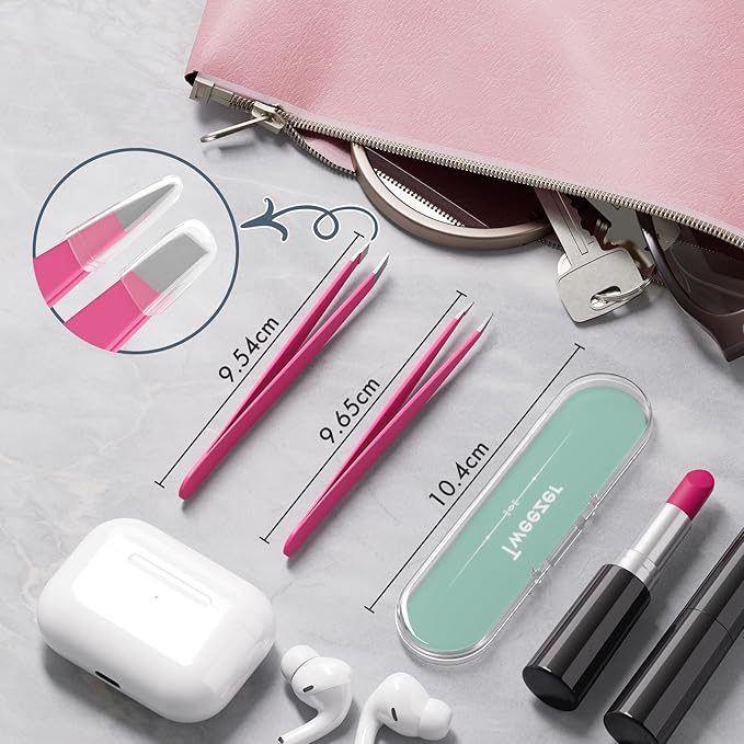 Tweezers for Women Facial Hair, Slant & Pointed Tweezers for Eyebrows, Ingrown Hair, Splinter Removal, 2 Pack Tweezer Set, Professional Stainless Steel Eyebrow Tweezers for Men and Women, Pink