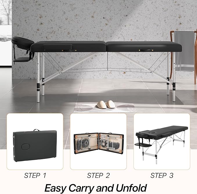 Massage Table Massage Bed, Portable 2 Section Foldable Tattoo Bed, Height Adjustable Lash Spa Bed with Face Cradle, Home Light Weight Facial Salon Bed with Aluminum Frame, Black