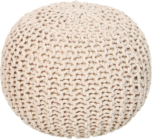 REDEARTH Round Pouf Ottoman - Cable Knitted Boho Poof - Home Décor Cord Pouffe Handmade Circular Footrest for Living Room - Bedroom - Kids Bedroom - 100% Cotton Pouf (18" x 18" x 14") - Ivory
