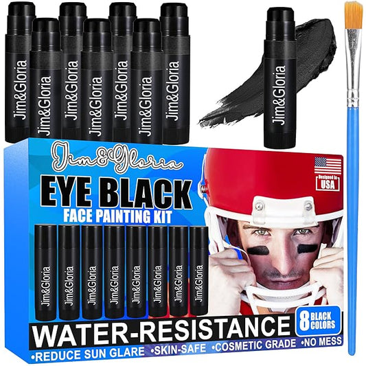 Jim&Gloria Water Resistant Under Eye Black Baseball Drip Accessories for Athletes, Anti-Glare Eyeblack Softball Stuff Lacrosse Football Gear Soccer Game Day Team Sports Gift - 8 Black Face Paint Stick