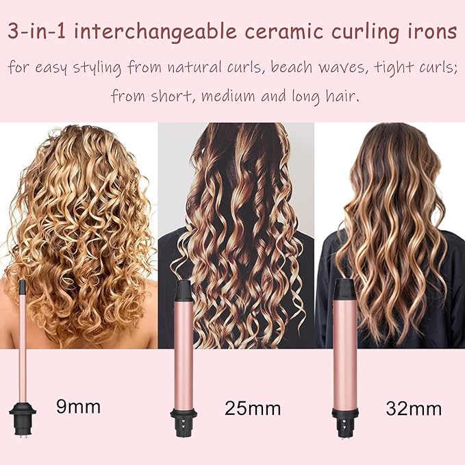 3 in 1 Curling Iron Set, Hair Curling Wand Set with 3 Interchangeable Ceramic Curling Barrel(0.35”-1.25”), Instant Heat Up, Dual Voltage Hair Curler Beach Waves, Include Glove
